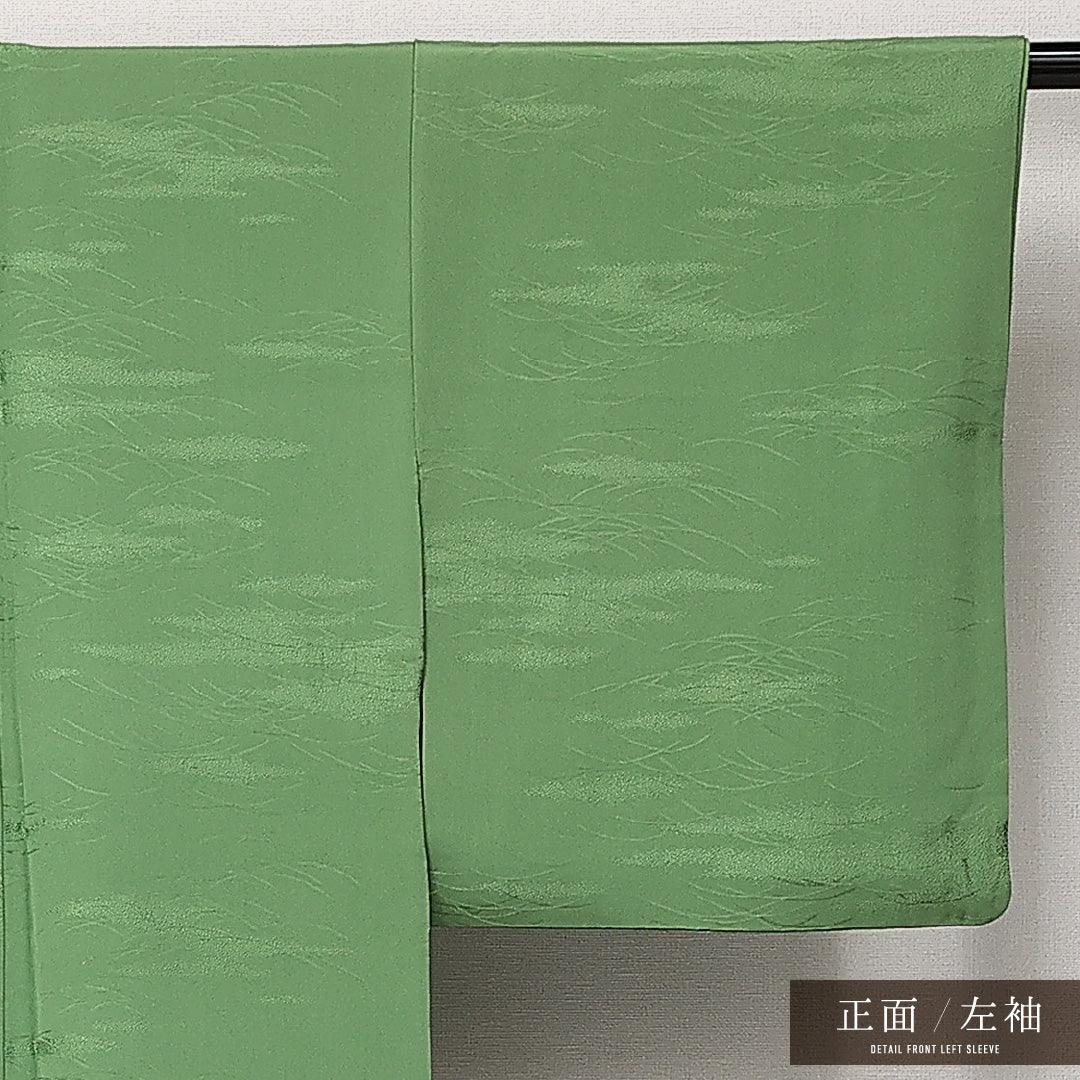 色無地 袷 身丈162cm 裄丈64cm 正絹 Aランク 一つ紋 (丸に桔梗) 紋意匠 (芝草) セミフォーマル 広衿 Lサイズ 緑系 RP 1219-14206