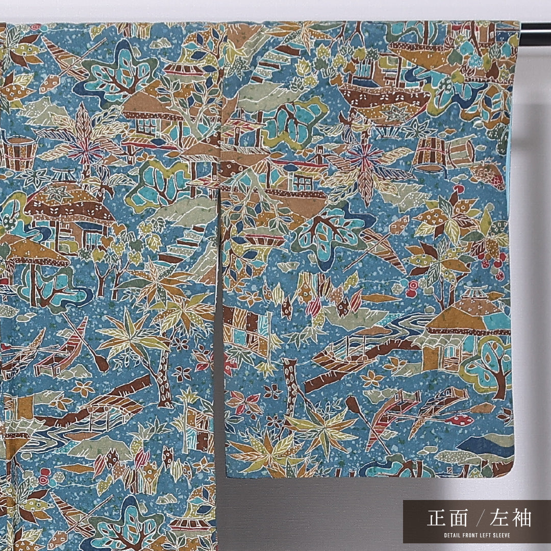 小紋 袷 身丈153cm 裄丈64cm 正絹 Aランク インフォーマル 広衿 Sサイズ たたき染め 茶屋辻 青系 HP 1221-11868