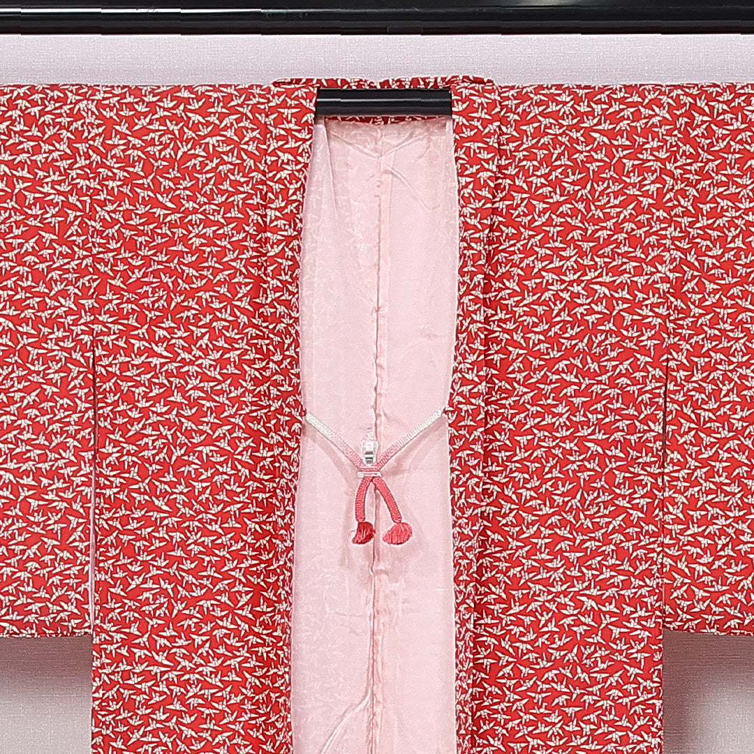 羽織 袷 身丈74cm 裄丈63cm 正絹 Aランク カジュアル Sサイズ 紐あり 折り鶴 朱系 RP 1232-11079