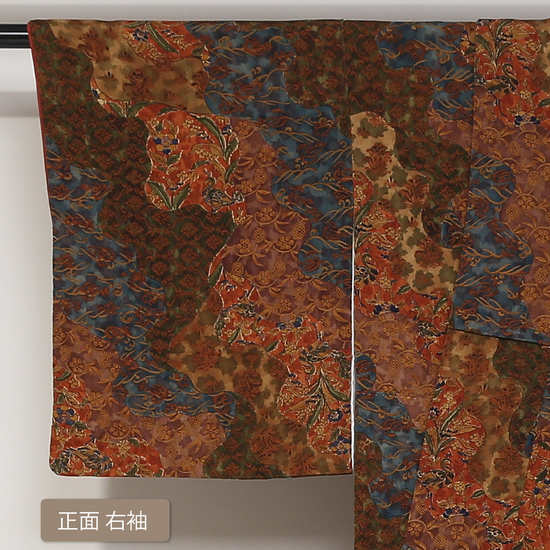 小紋 袷 身丈152cm 裄丈62cm 正絹 Sランク インフォーマル 広衿 Sサイズ 更紗 創作柄 茶系 RP 1221-01658