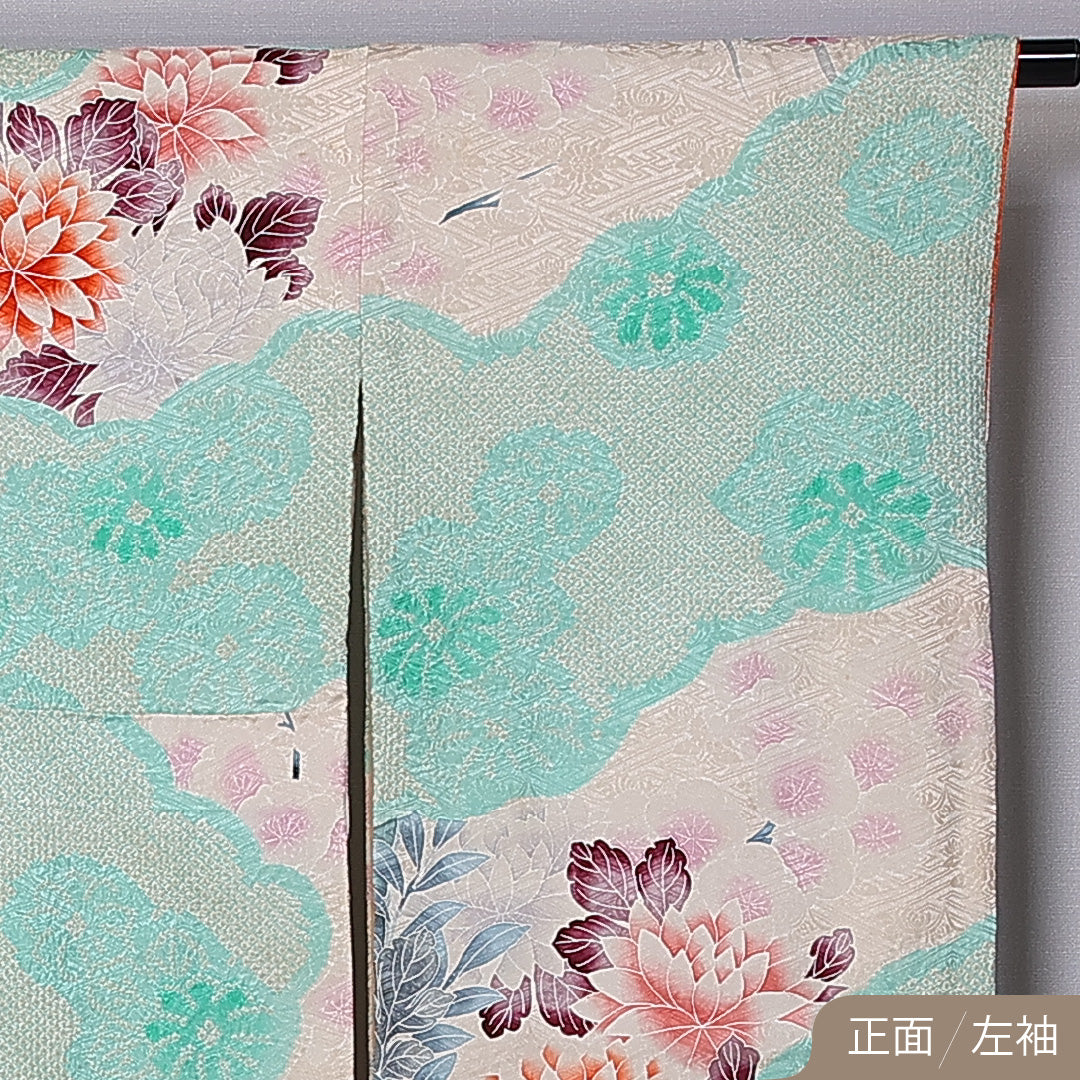 振袖 身丈166cm 裄丈67.5cm 袷 正絹 Cランク 広衿 絞り 牡丹 桔梗 菊 1213-F0398