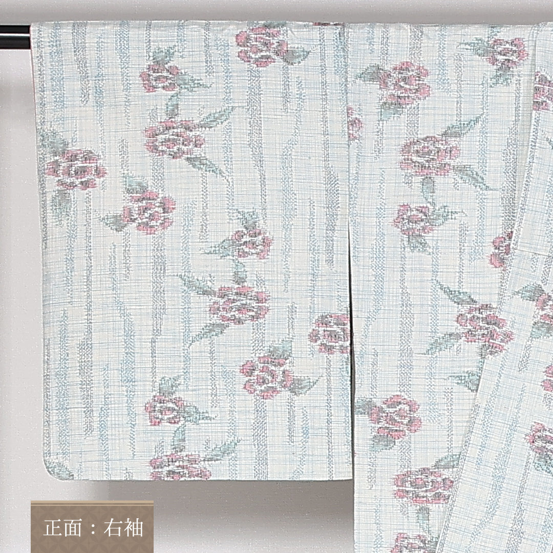 真綿紬 袷 身丈154cm 裄丈63cm 正絹 Aランク カジュアル 広衿 Sサイズ 牡丹 水色系 RP 1223-03874
