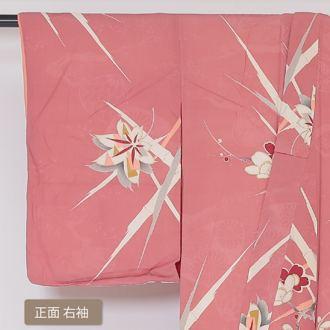 アンティーク 小紋 袷 身丈150cm 裄丈61cm 正絹 Bランク バチ衿 Sサイズ 花柄 ピンク系 RP 1221-01824