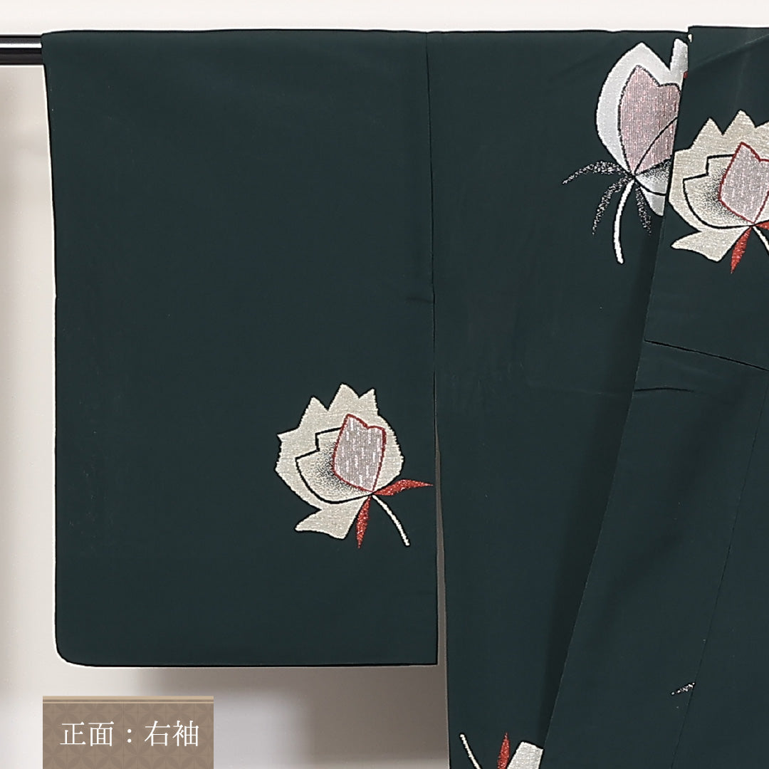 アンティーク お召 夏紬 身丈152cm 裄63cm 正絹 緑系 Bランク 1216-01282