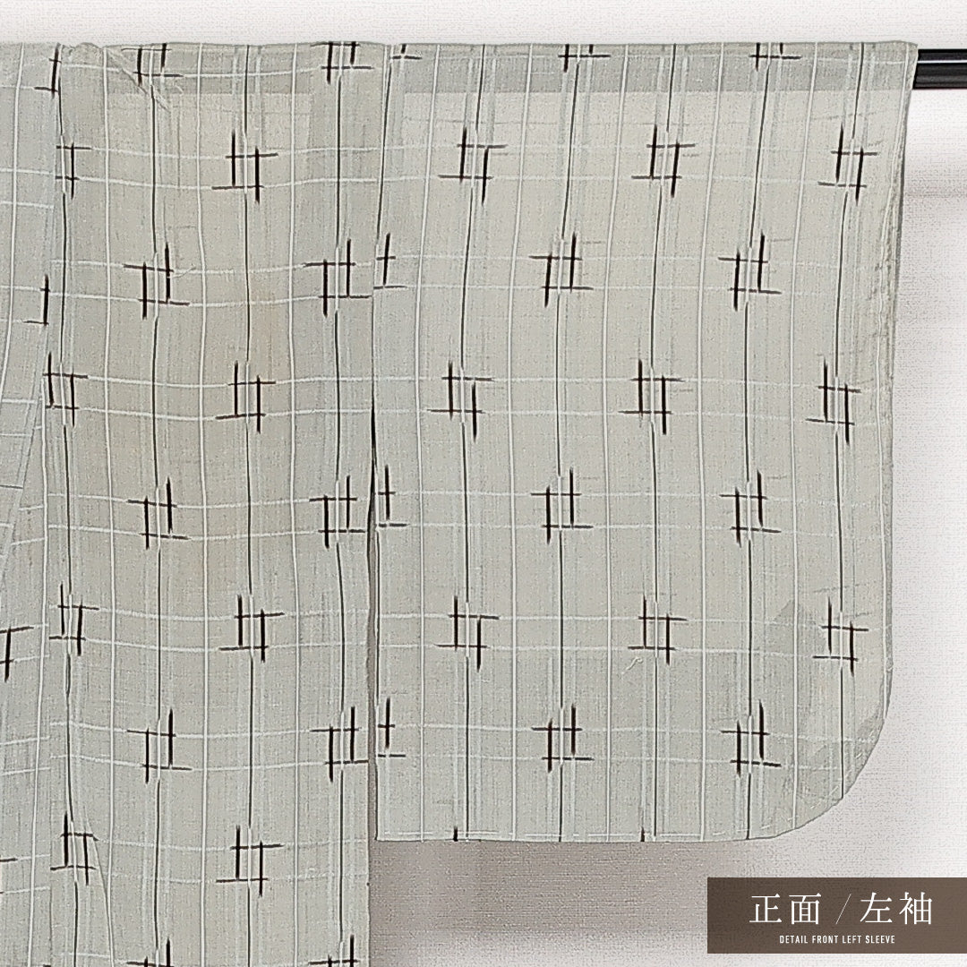小千谷縮 夏物 洗える着物 身丈148cm 裄丈60cm Cランク 麻 バチ衿 XSサイズ カジュアル 井絣 素朴 落ち着き グレー系 緑系 1216-13647