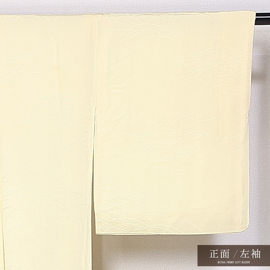 色無地 袷 身丈151cm 裄丈63cm 正絹 Bランク 紋意匠 (芝草) インフォーマル 広衿 Sサイズ 織り出し 無地 クリーム系 HP 1219-11191
