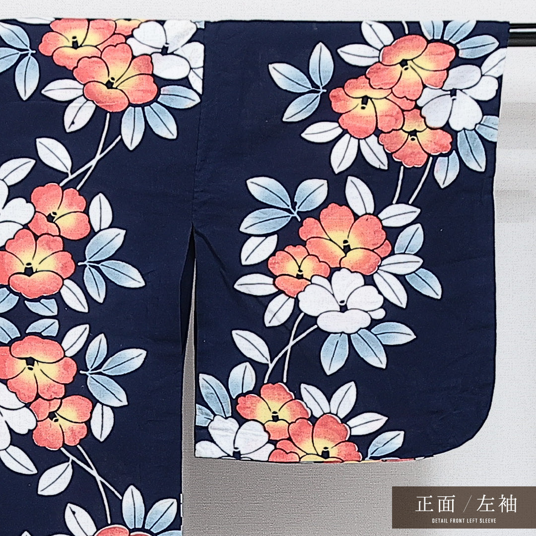 浴衣 夏物 洗える着物 身丈142cm 裄丈60cm Aランク 木綿 バチ衿 XSサイズ カジュアル 花柄 可憐 鮮やか 紺系 1218-14275