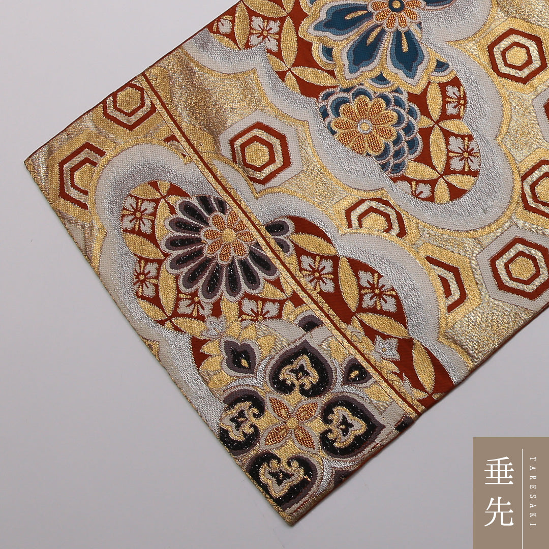 袋帯 帯丈406cm 正絹 六通 フォーマル 宝相華 雲取り 亀甲 朱系 金系 1243-01367