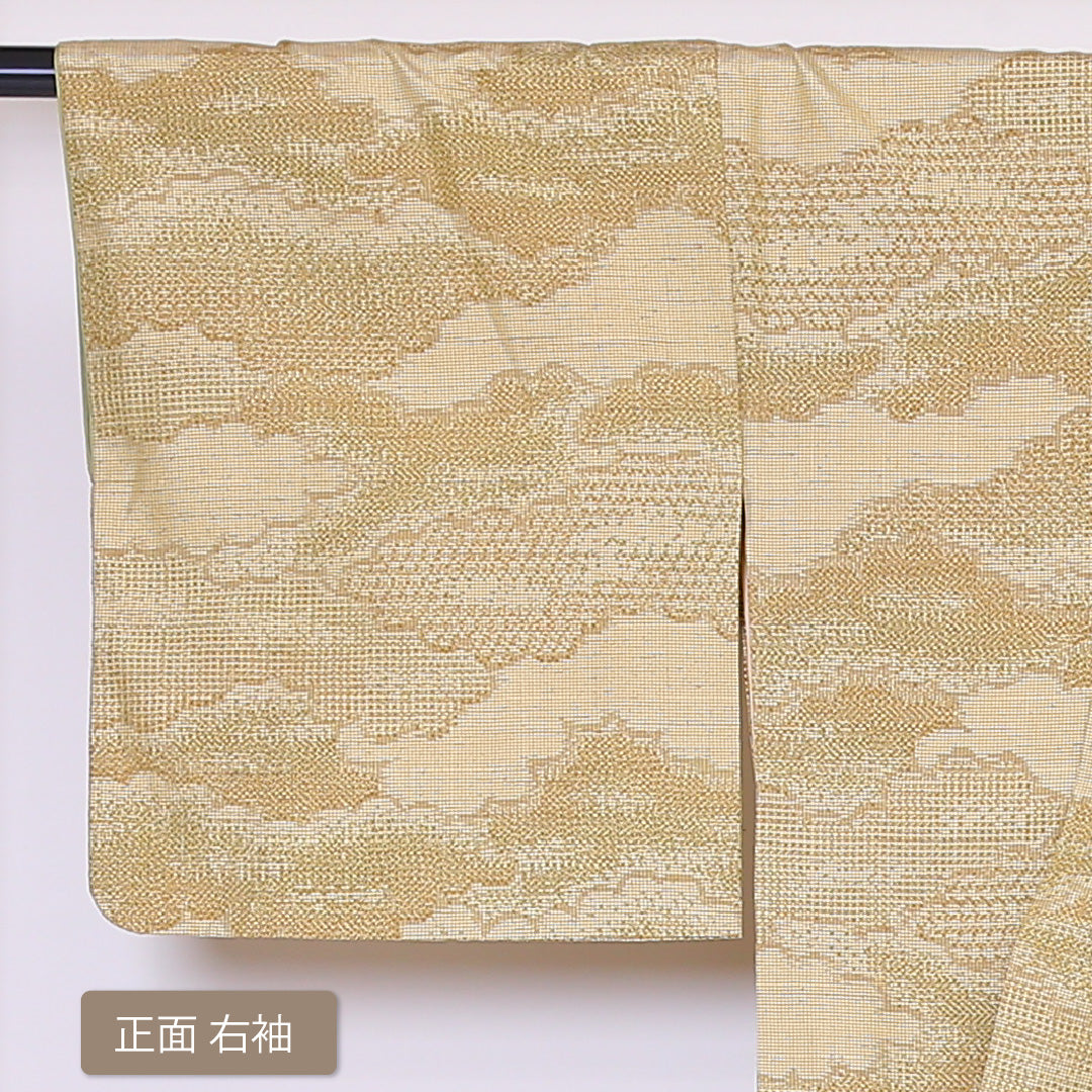 紬 袷 身丈154cm 裄丈65cm 正絹 Aランク Sサイズ 広衿 カジュアル 雲取り ベージュ系 1216-03275