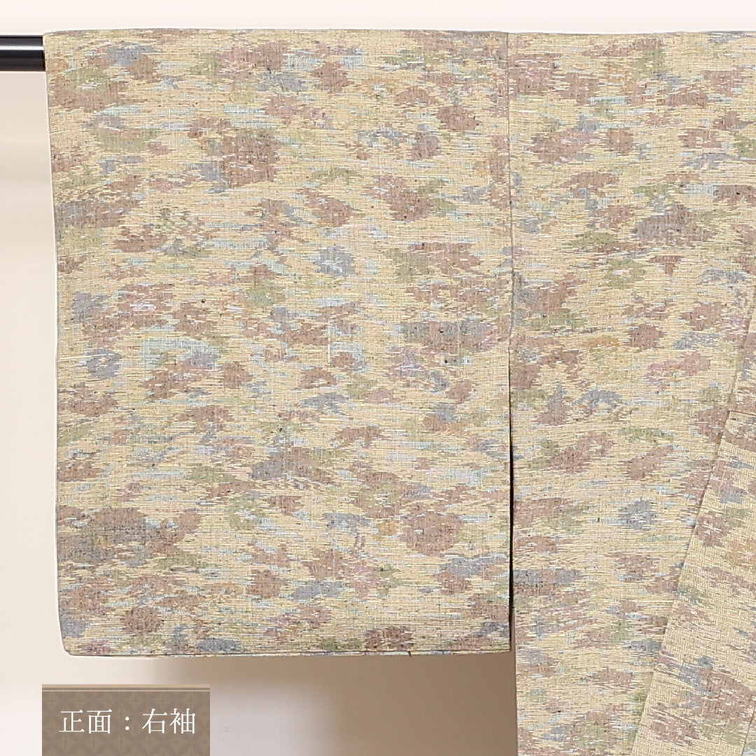 紬 単衣 身丈145cm 裄丈62cm 正絹 Aランク カジュアル バチ衿 XSサイズ 肩当て 花柄 植物柄 クリーム系 RP 1223-03715