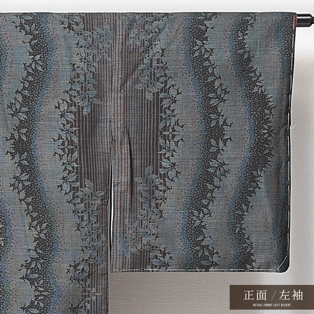 未使用品 大島紬 袷 身丈166cm 裄丈64cm 正絹 Nランク インフォーマル 広衿 XLサイズ しつけ糸 植物柄 グレー系 RP 1223-14897