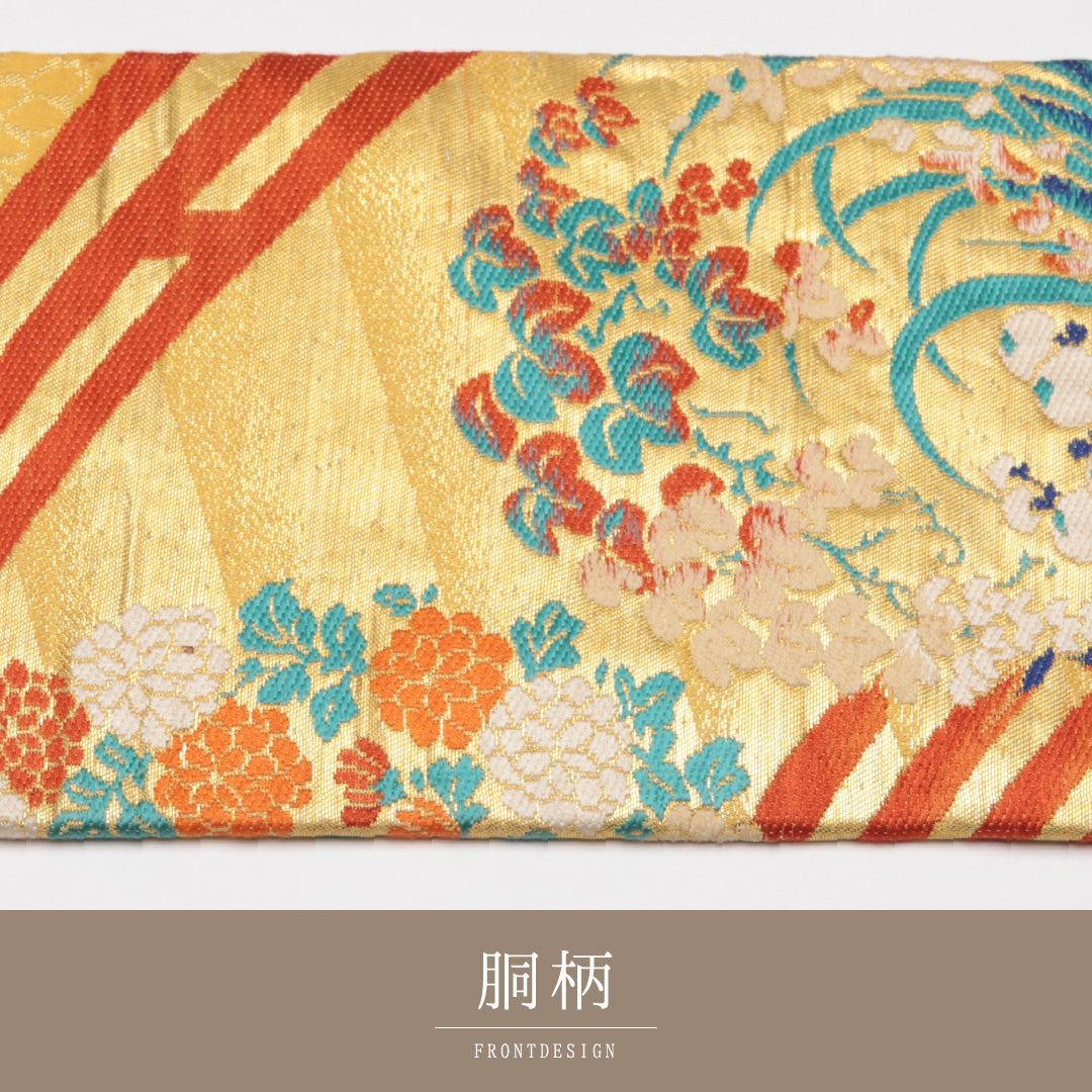 アンティーク 九寸名古屋帯 Aランク 帯丈334cm 正絹 ポイント柄 名古屋仕立て 織り 花喰鳥 花鳥文 菊 黄系 RP 1245-01562