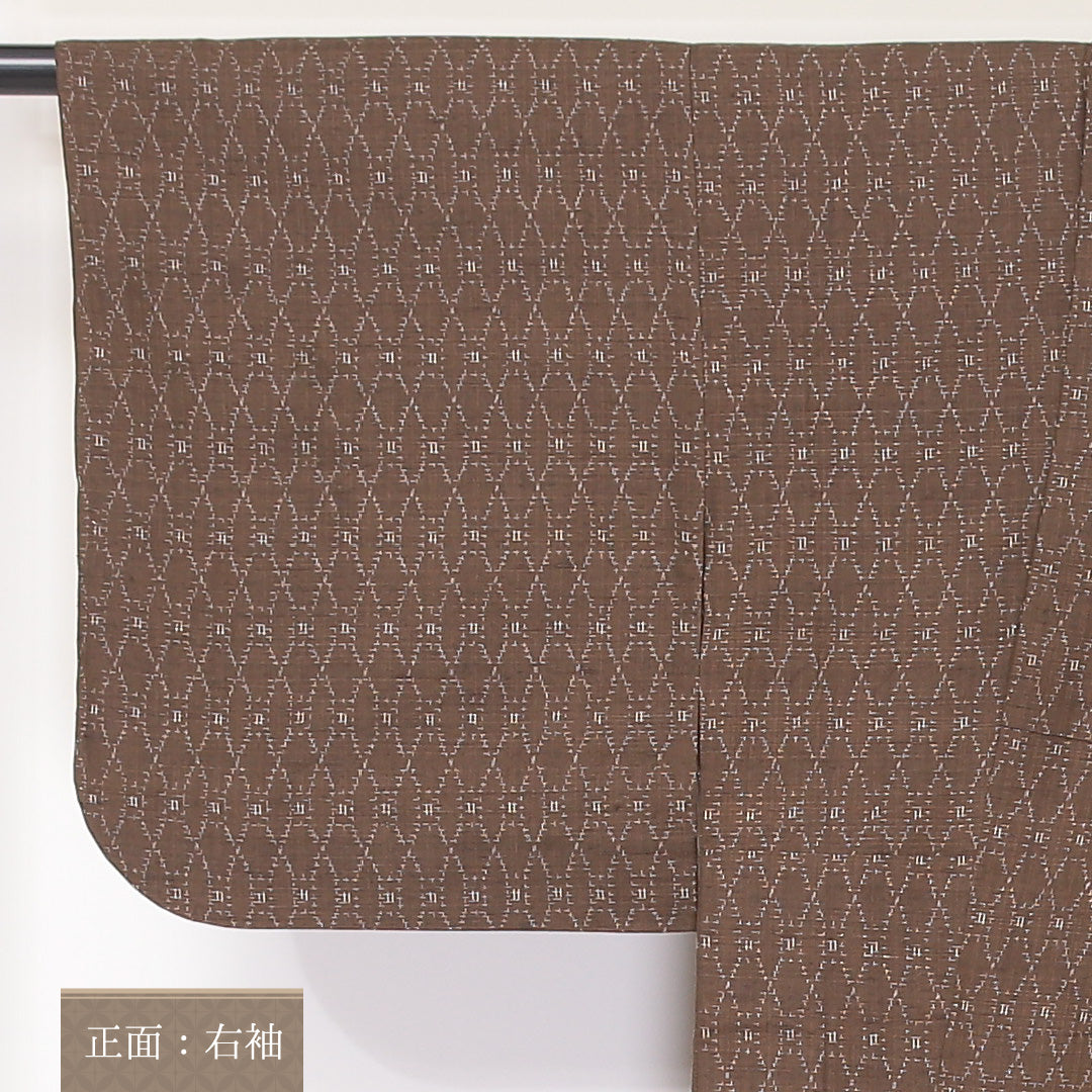 紬 単衣 身丈150cm 裄丈60cm 正絹 Aランク カジュアル 広衿 Sサイズ 居敷当て 立涌 茶系 HP 1223-03627