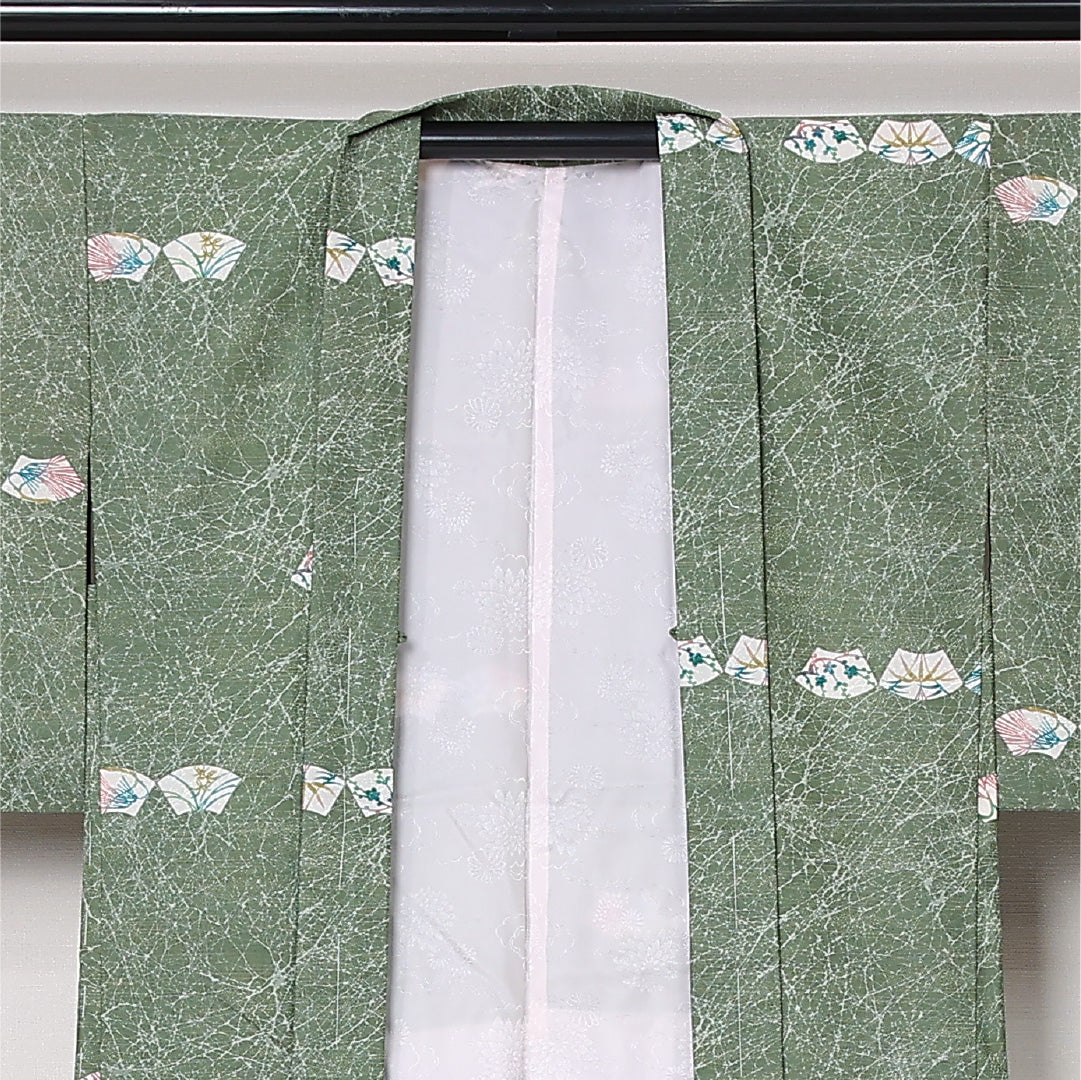 洗える着物 羽織 袷 身丈81cm 裄丈64cm ポリエステル Aランク カジュアル Mサイズ 扇 松竹梅 緑系 HP 1232-12796