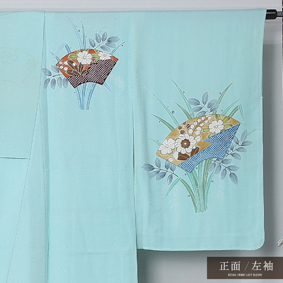 付下げ 身丈162cm 裄丈64cm Aランク L 正絹 単衣 広衿 扇 藤 インフォーマル 水色系 1261-12311