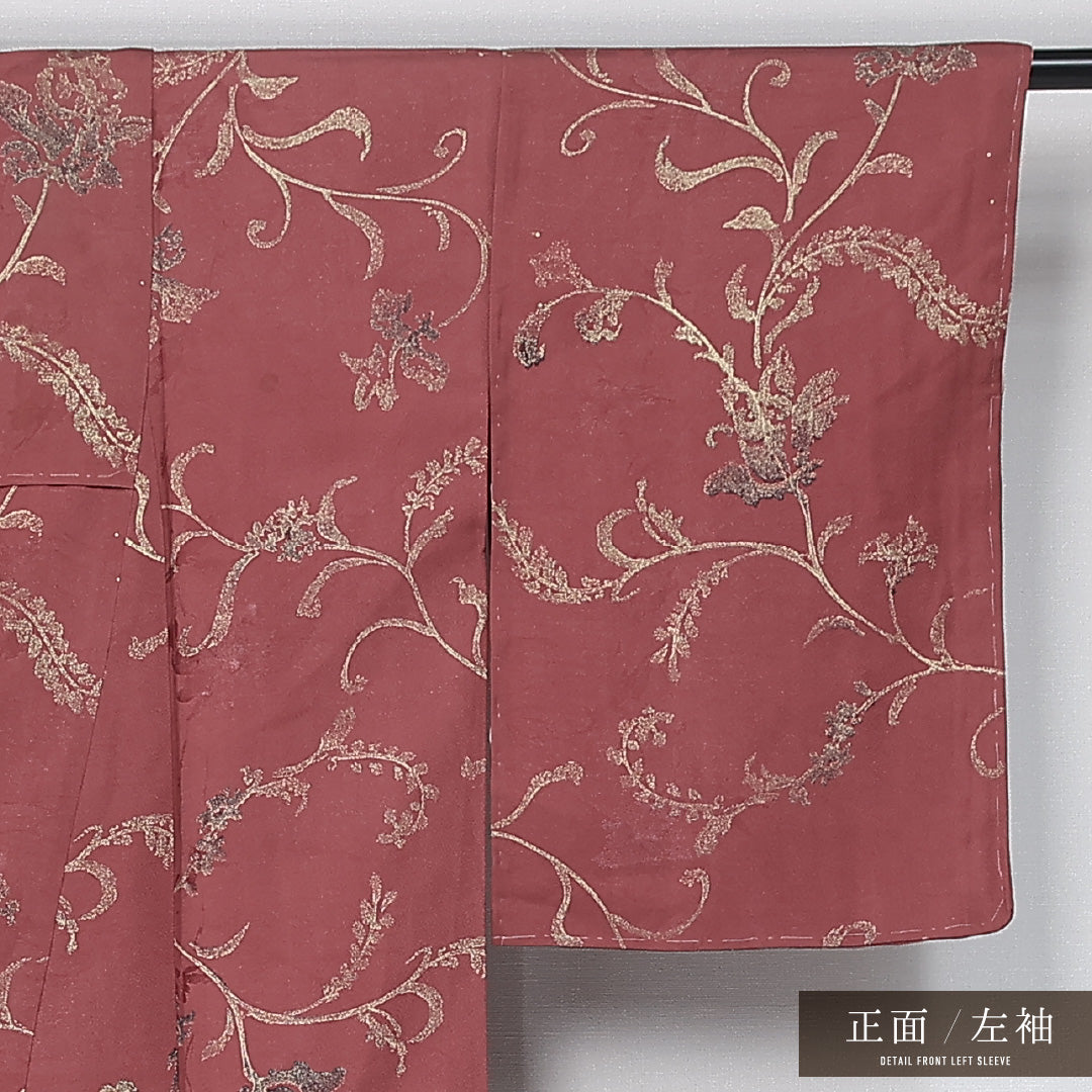 アンティーク お召 袷 身丈154cm 裄丈63cm 正絹 Aランク 広衿 Sサイズ 唐華 赤系 M4 1222-11879