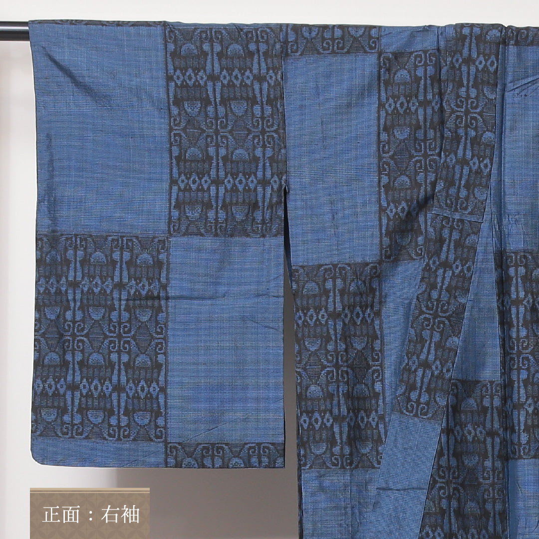 紬 単衣 身丈151cm 裄丈62cm 正絹 Bランク Sサイズ バチ衿 カジュアル 市松 青系 1216-03505