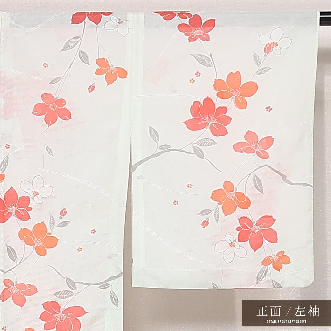 夏物 洗える着物 小紋 絽 身丈160cm 裄丈64cm ポリエステル Aランク インフォーマル バチ衿 Lサイズ 花柄 緑系 RP 1221-13228