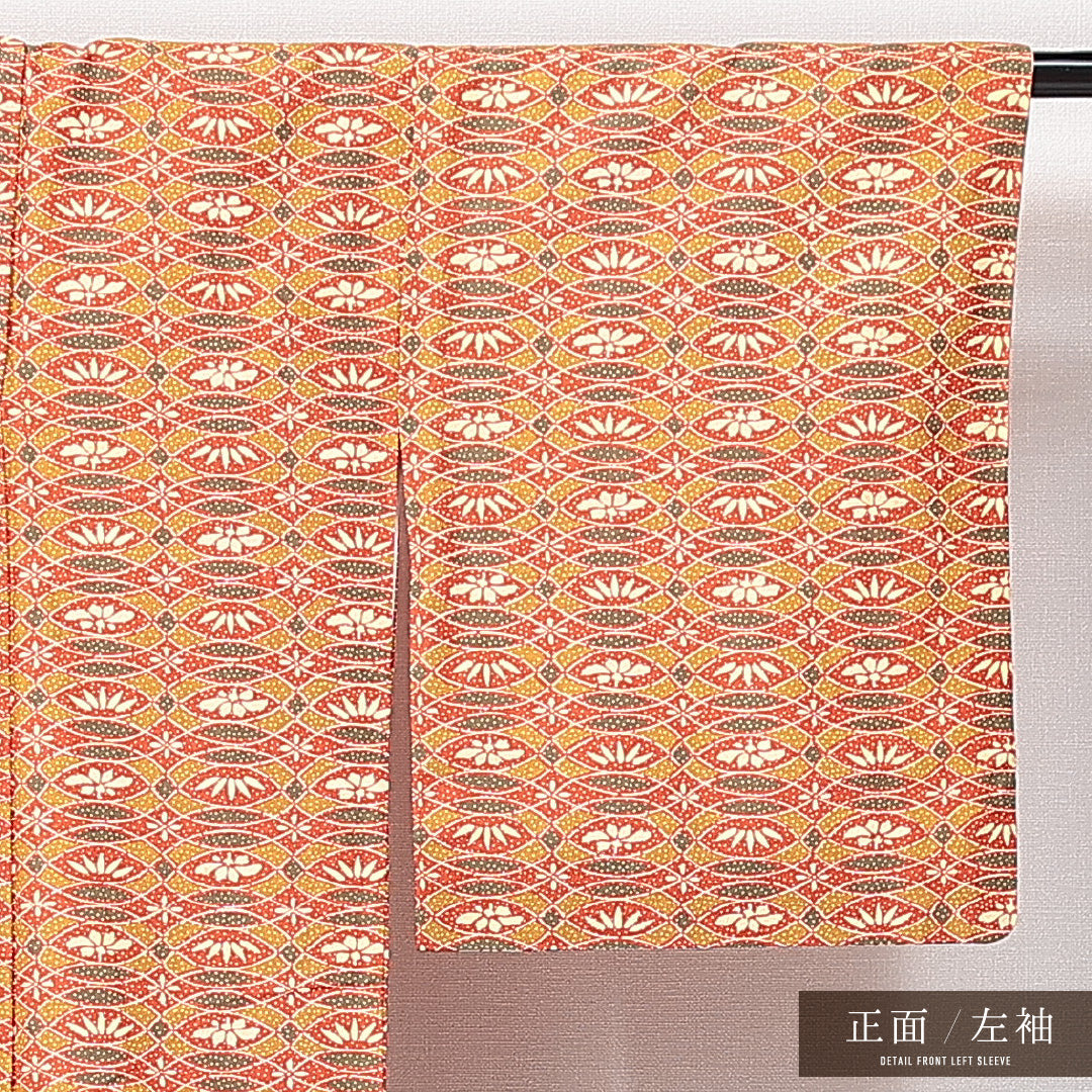 小紋 袷 身丈157cm 裄丈61cm 正絹 Sランク インフォーマル バチ衿 Mサイズ 笹 朱系 RP 1221-14891