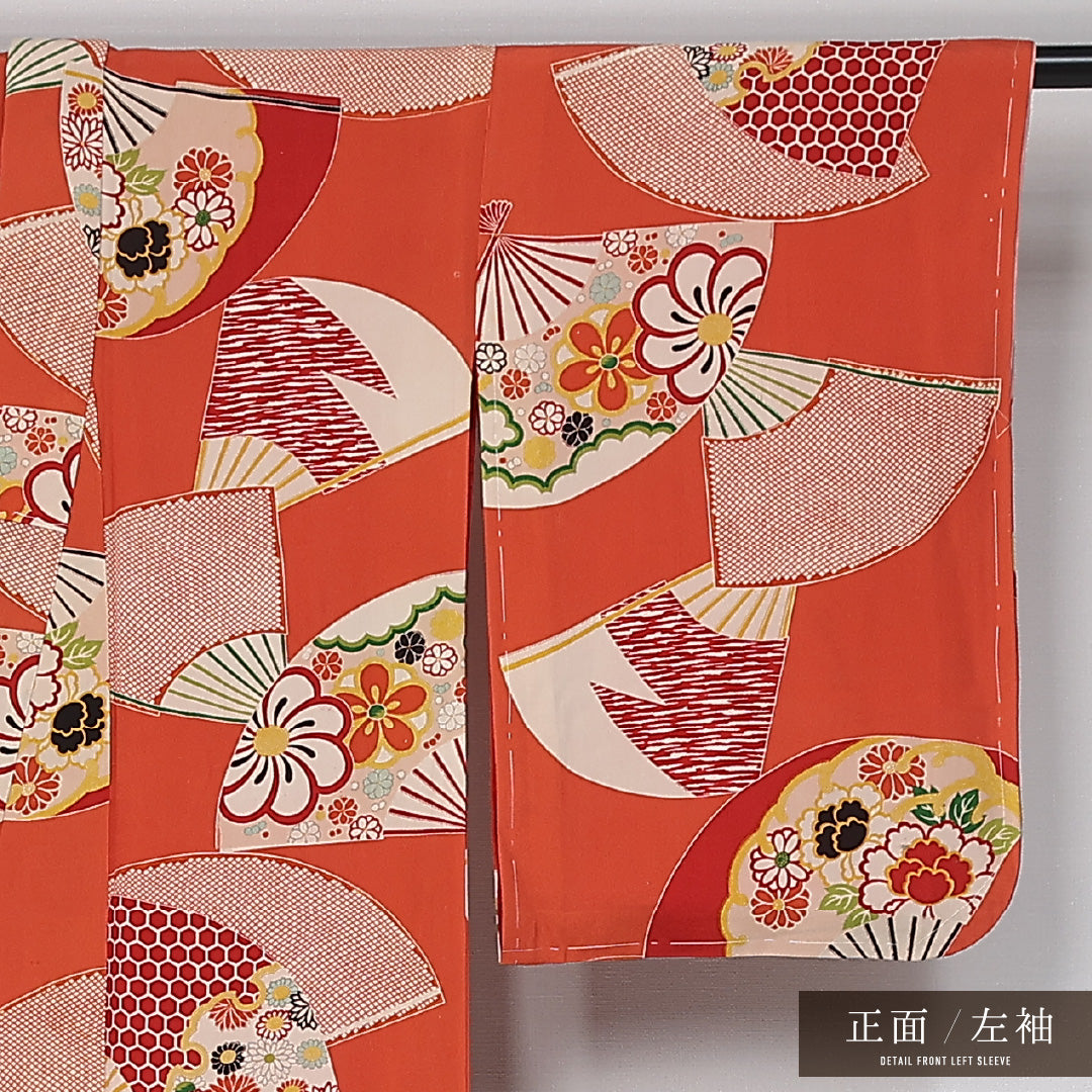 アンティーク 小紋 (錦紗) 袷 身丈151cm 裄丈64cm 正絹 Aランク バチ衿 Sサイズ 扇 亀甲 花柄 朱系 M4 1221-12022