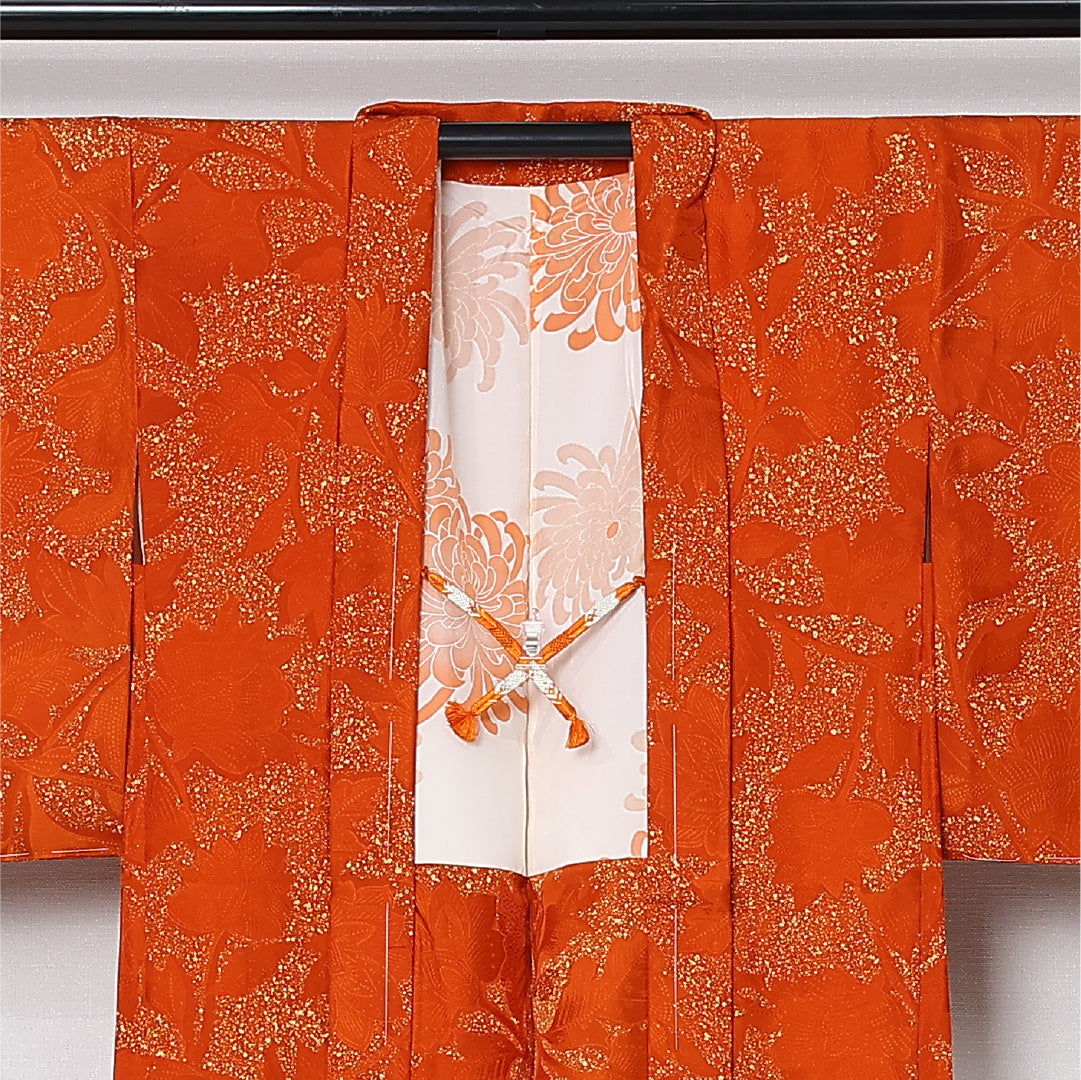 羽織 袷 身丈83cm 裄丈65cm 正絹 Sランク カジュアル Mサイズ 紐あり 植物柄 朱系 RP 1232-12867