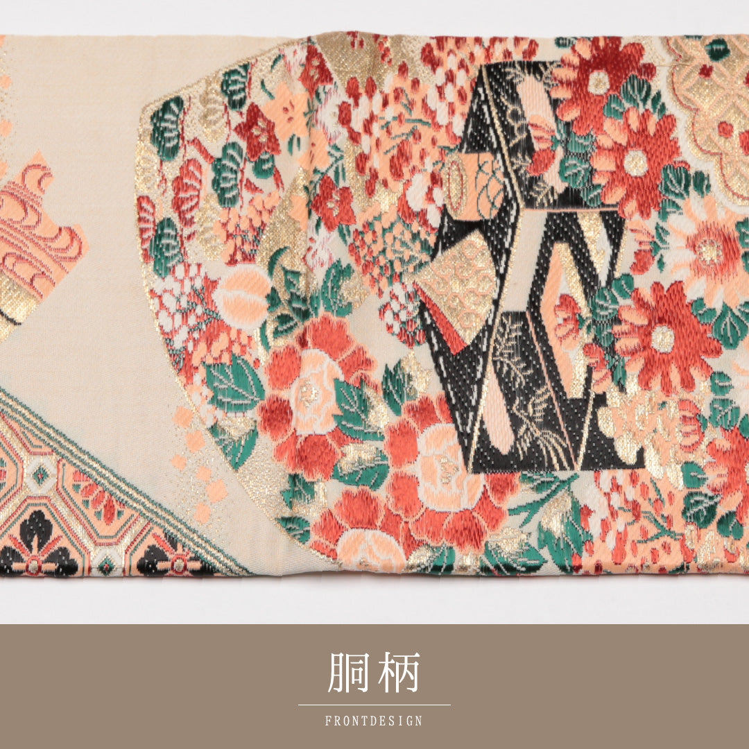 アンティーク 九寸名古屋帯 Cランク 帯丈329cm 正絹 六通 名古屋仕立て 織り 平安絵巻 調度品 クリーム系 LP 1245-01538