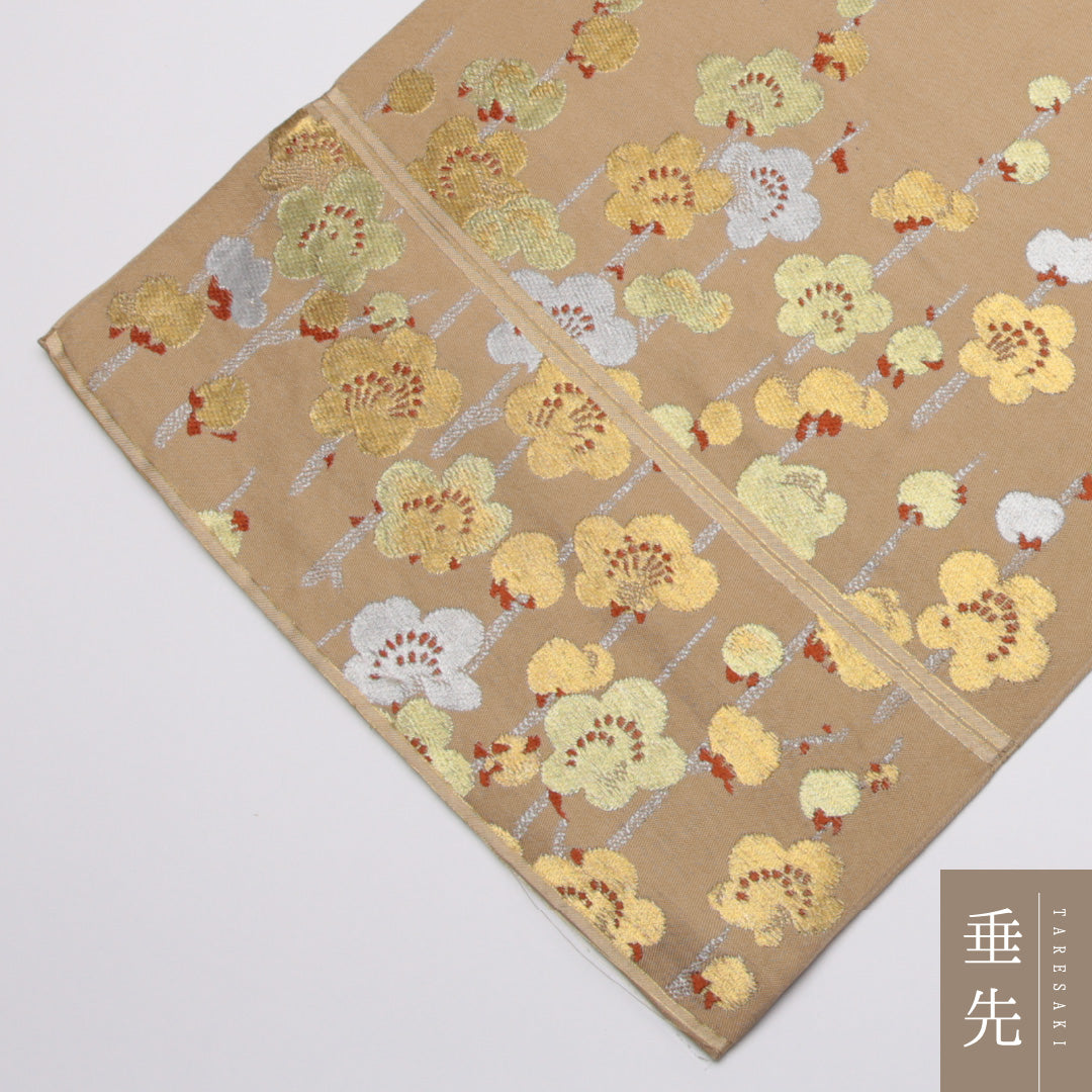 アンティーク 袋帯 帯丈392cm 六通 金銀糸 梅 セミフォーマル ベージュ系 正絹 Cランク 1223-01119