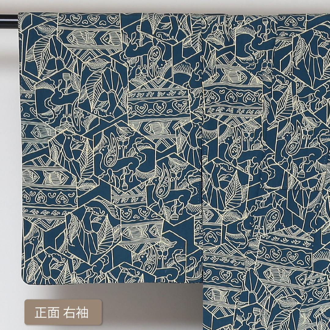 小紋 袷 身丈152cm 裄63.5cm 青系 オリエンタル 正絹 Sランク 1215-01477-2217