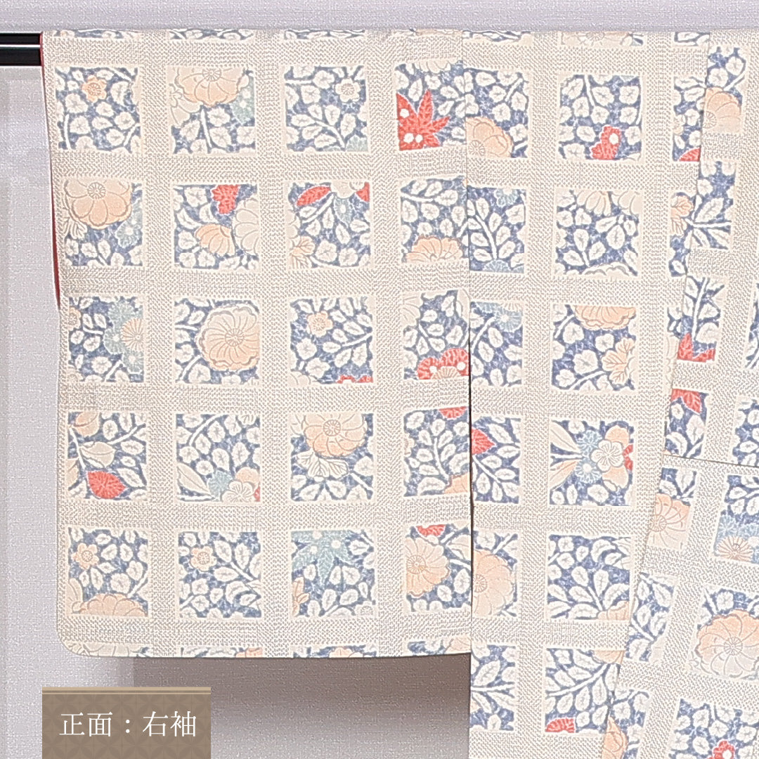 紬 身丈164cm 裄丈63.5cm L 正絹 Cランク 袷 広衿 紬 後染め 絵札 紅葉 桜 菊 梅 1216-10946