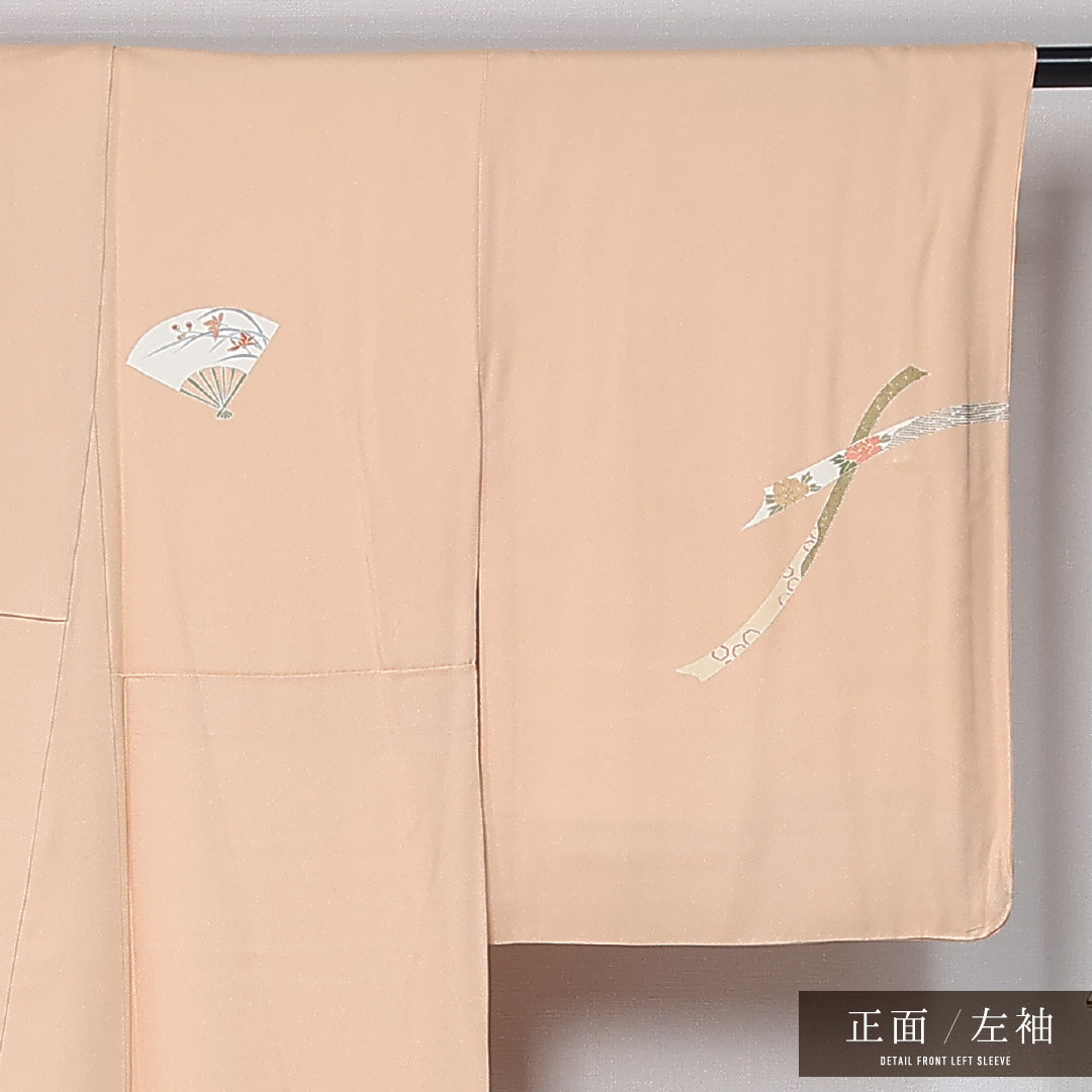 付下げ 身丈170cm 裄丈66cm Sランク 2XL 正絹 袷 広衿 短冊 菊 菖蒲 インフォーマル ベージュ系 1261-12028
