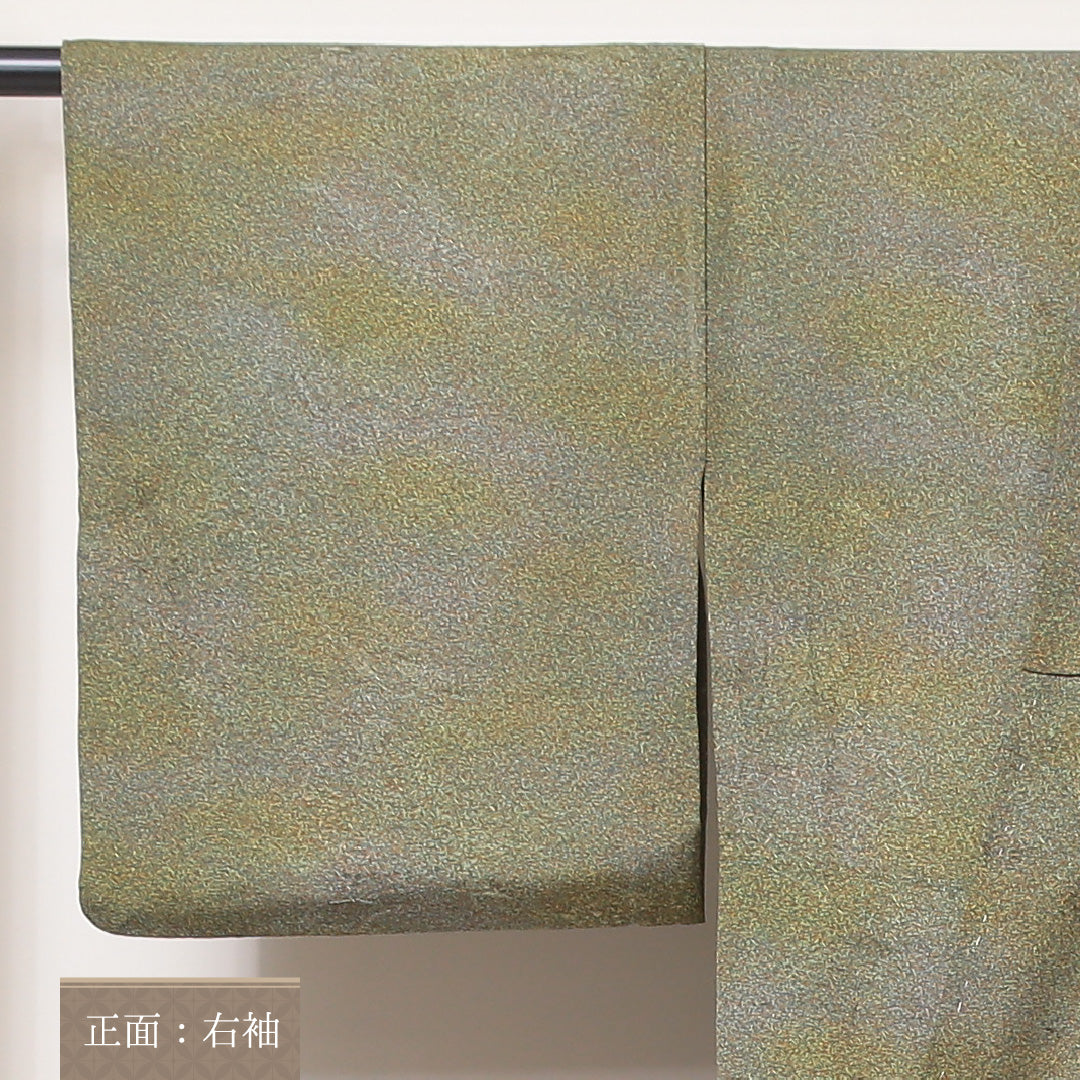 小紋 単衣 身丈149cm 裄丈62cm 正絹 Sランク インフォーマル 広衿 XSサイズ ぼかし染 金彩 抽象柄 緑系 RP 1221-02181