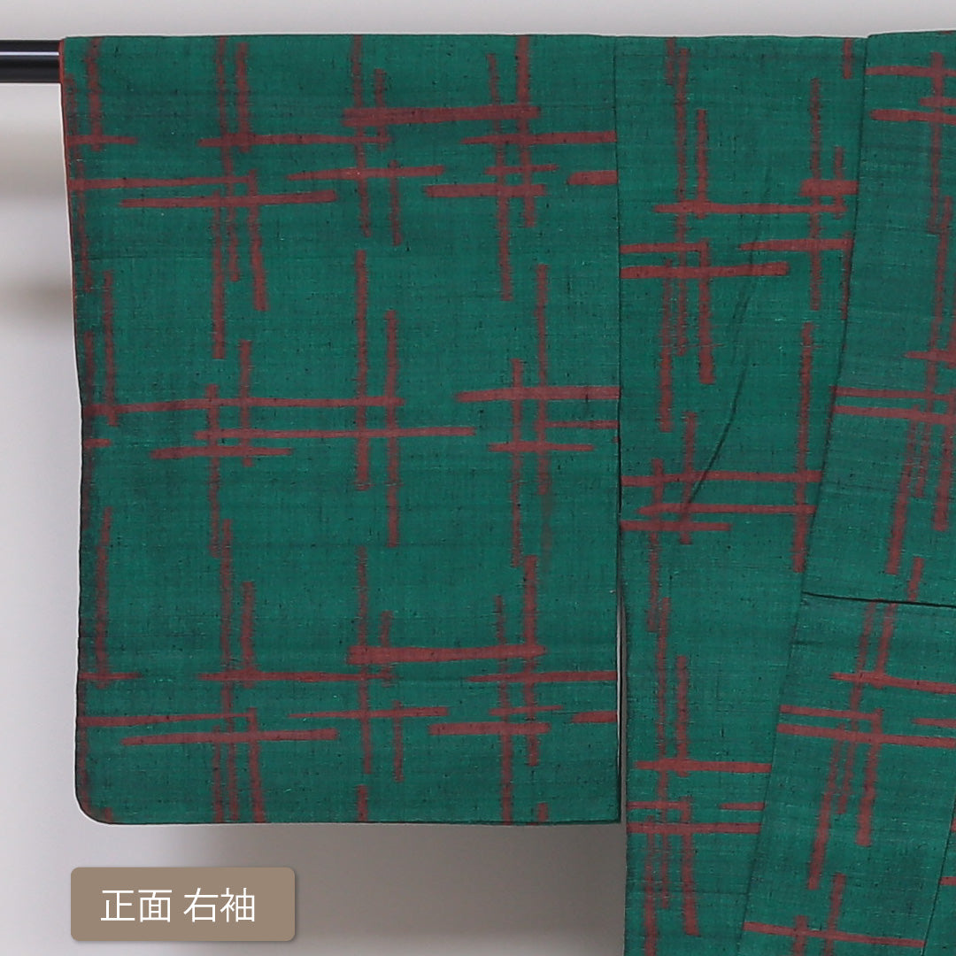 紬(真綿紬) 袷 身丈157cm 裄丈62cm 正絹 Sランク Mサイズ 広衿 カジュアル 創作柄 緑系 1216-03161