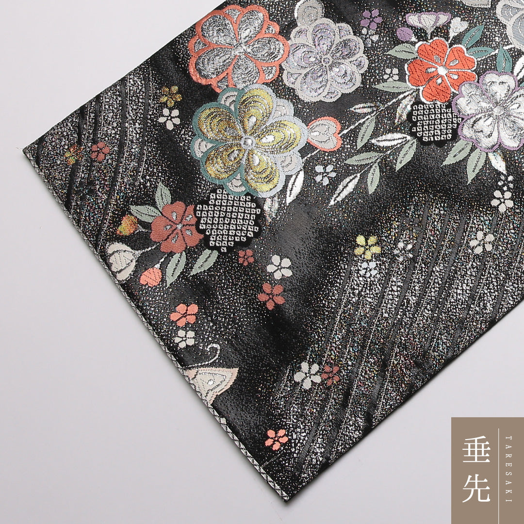 袋帯 帯丈432cm Sランク 六通 正絹 桜 蝶 黒系 蝶 1223-01370