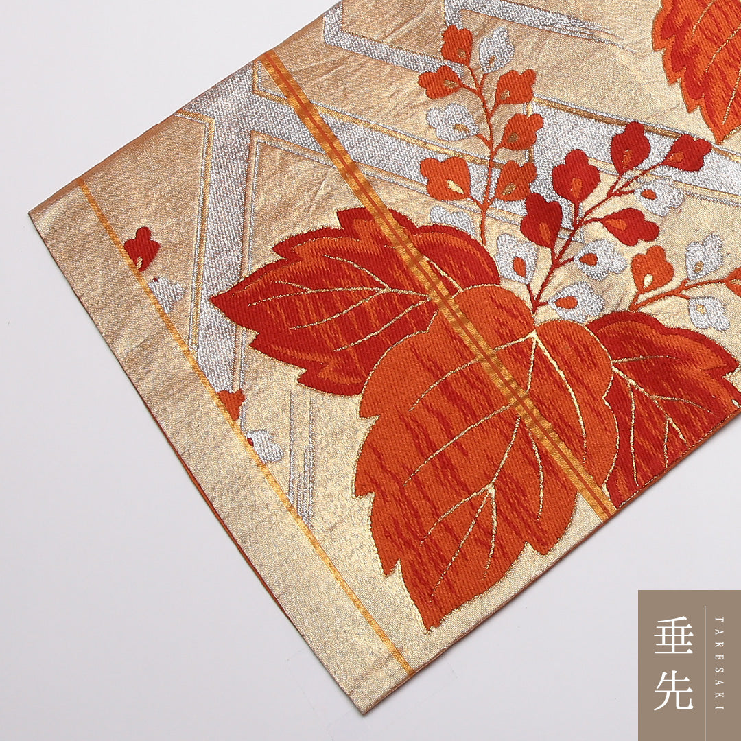 袋帯 帯丈412cm Aランク 全通 正絹 桐 松皮菱 フォーマル 朱系 1223-01403