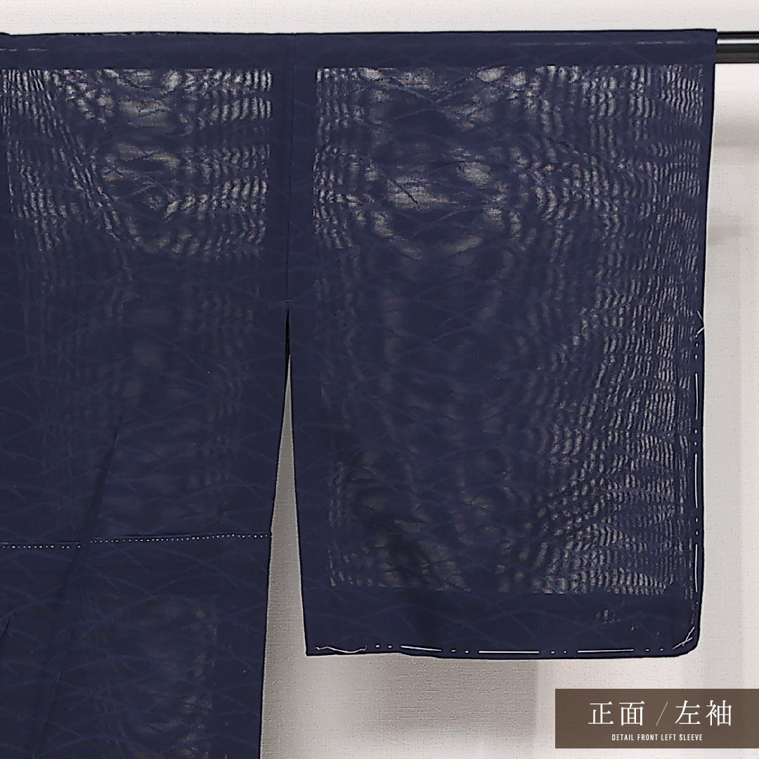 小紋 紗 身丈158cm 裄丈64cm Sランク 正絹 バチ衿 Mサイズ インフォーマル 芝草 古典的 落ち着き 紺系 1215-13387