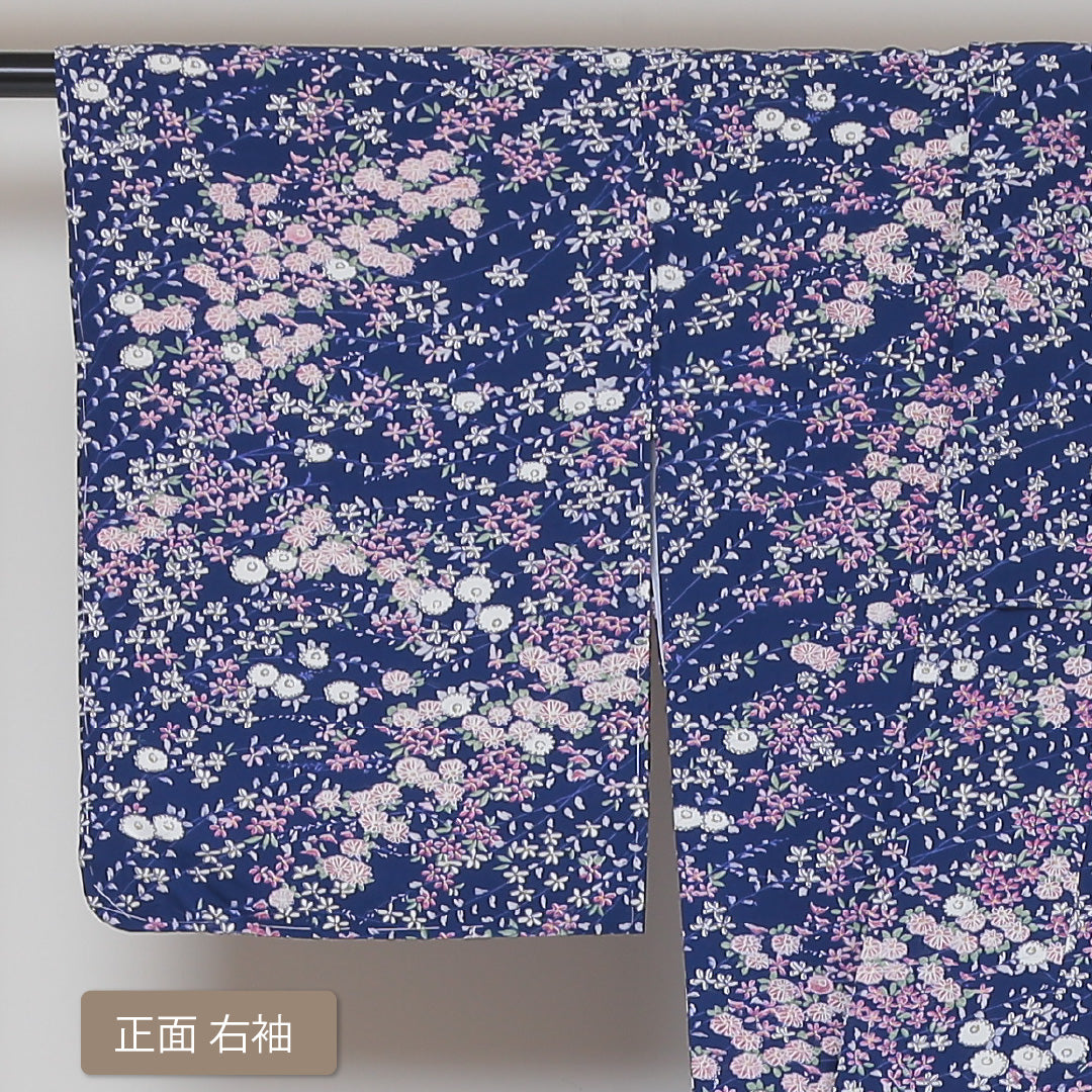 洗える着物 小紋 袷 身丈153cm 裄丈62cm ポリエステル Sランク インフォーマル 広衿 Sサイズ しつけ糸 花柄 青系 RP 1221-01439