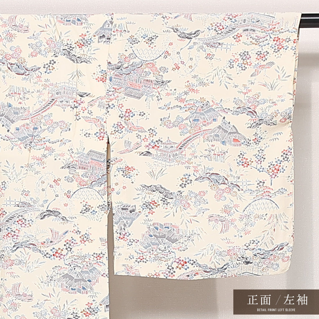 小紋 単衣 身丈149cm 裄丈63cm Sランク 正絹 広衿 XSサイズ カジュアル 京紅型 御所解 クリーム系 上品 爽やか 1215-13258