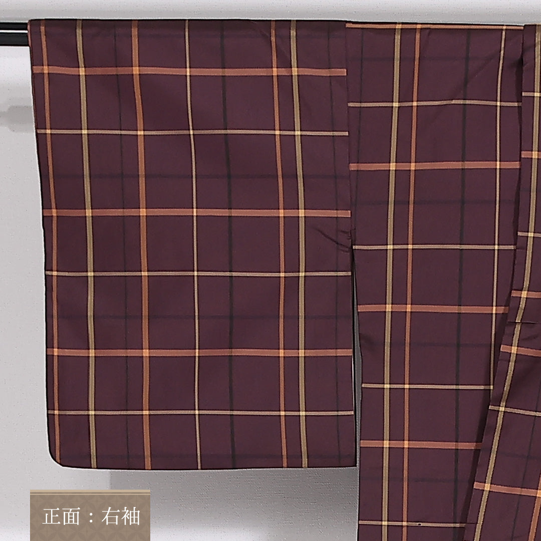 大島紬 袷 身丈157cm 裄66cm 正絹 格子 紫系 Aランク 1216-01425