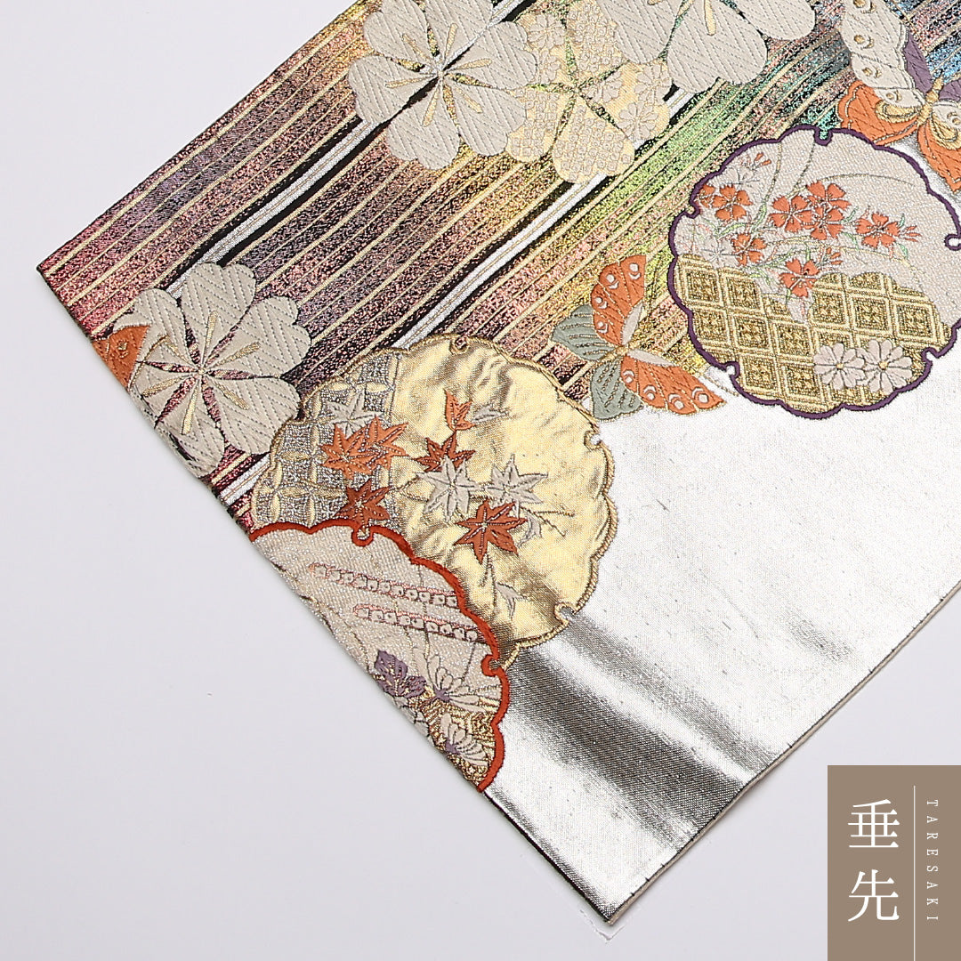 振袖帯 袋帯 帯丈418cm 六通 雪輪 桜 フォーマル 銀系 正絹 Bランク 1223-01084
