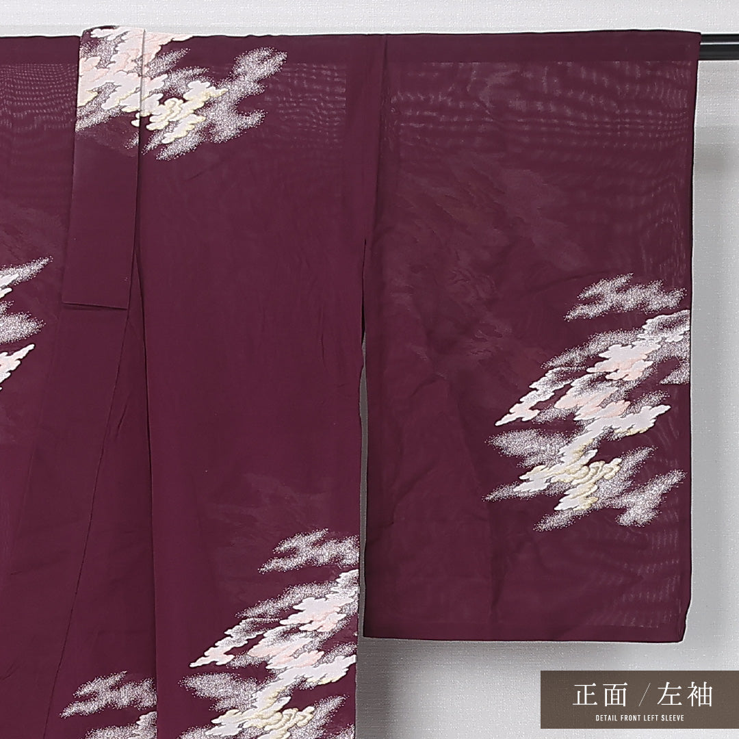 夏物 お召 紗 身丈150cm 裄丈62cm 正絹 Aランク インフォーマル バチ衿 Sサイズ 創作柄 紫系 RP 1222-12407