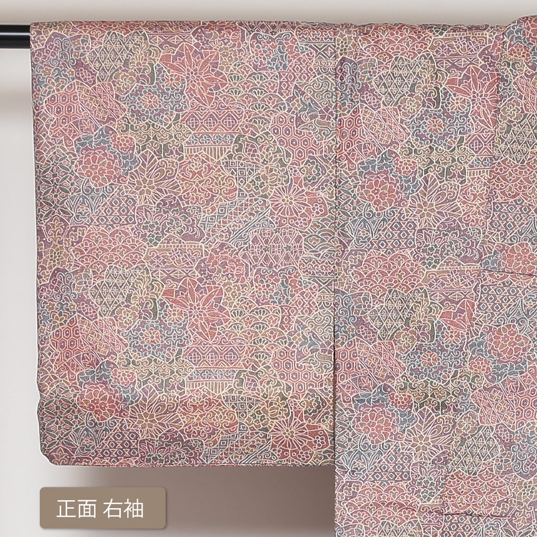小紋 袷 身丈160cm 裄丈64cm 正絹 Sランク インフォーマル 広衿 Lサイズ 更紗 花柄 可憐 オリエンタル ピンク系 RP 1221-01603