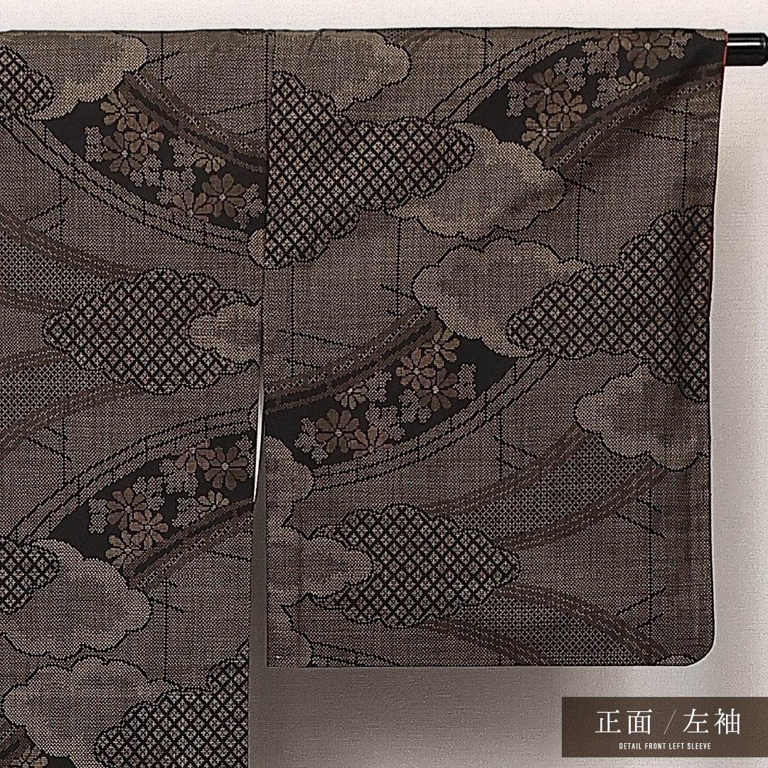 大島紬 袷 身丈163cm 裄丈67cm 正絹 Sランク インフォーマル 広衿 Lサイズ 経緯絣 菊 茶系 RP 1223-14080