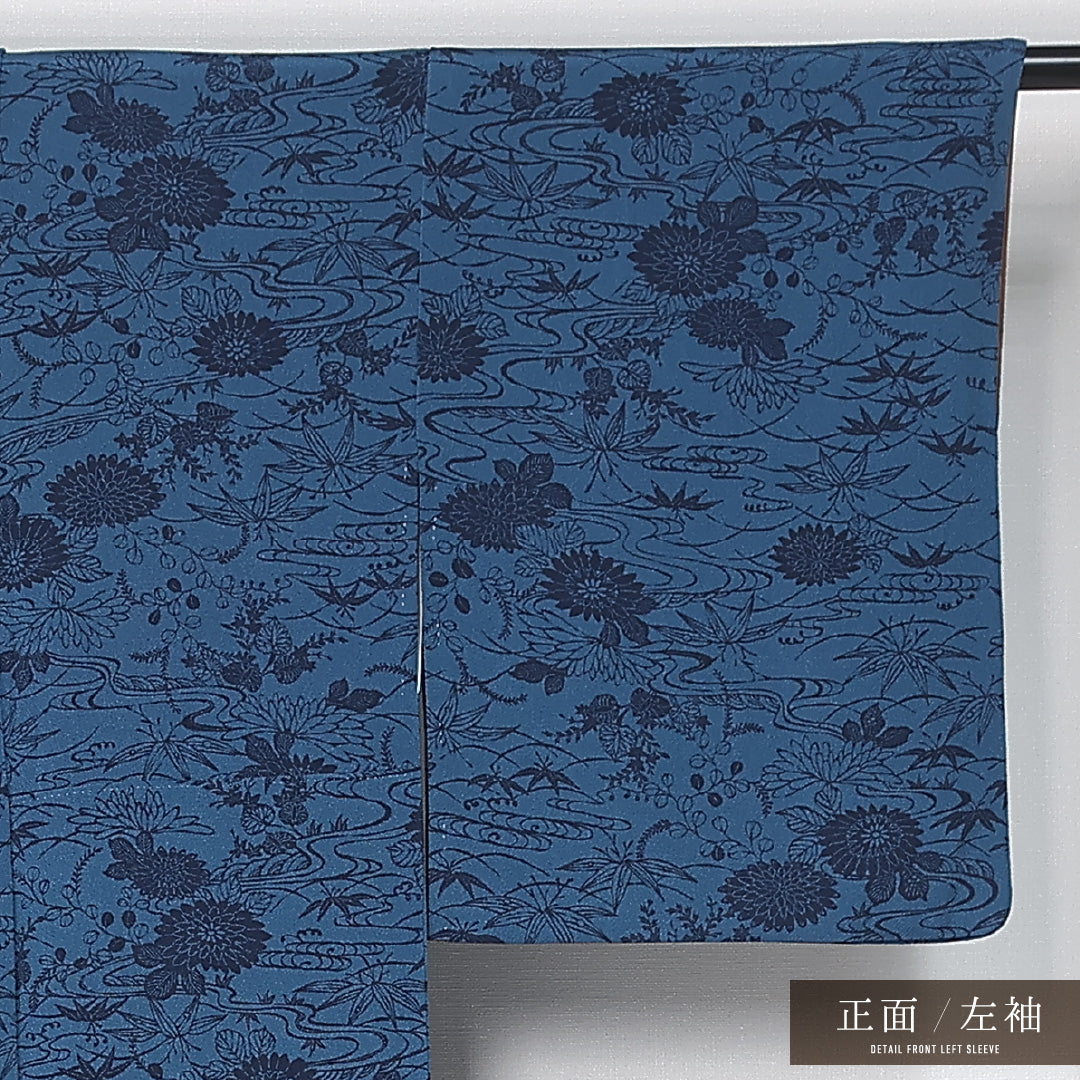 小紋 身丈162cm 裄丈65cm Bランク L 正絹 袷 広衿 クラシカル 藍型 流水 菊 紅葉 カジュアル 青系 1215-11968