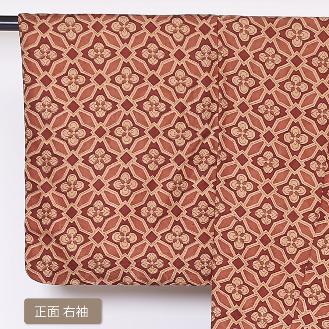 小紋 袷 身丈144cm 裄丈63cm 正絹 Aランク インフォーマル バチ衿 XSサイズ 花菱 茶系 HP 1221-01884