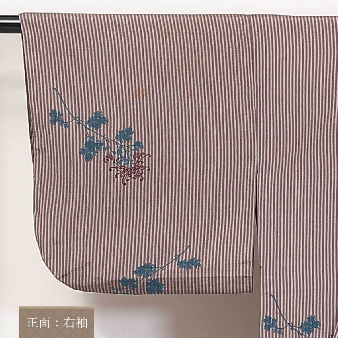 アンティーク 小紋 単衣 身丈146cm 裄61.5cm 正絹 菊 居敷当て 刺繍 縞 茶系 Cランク 1215-02305