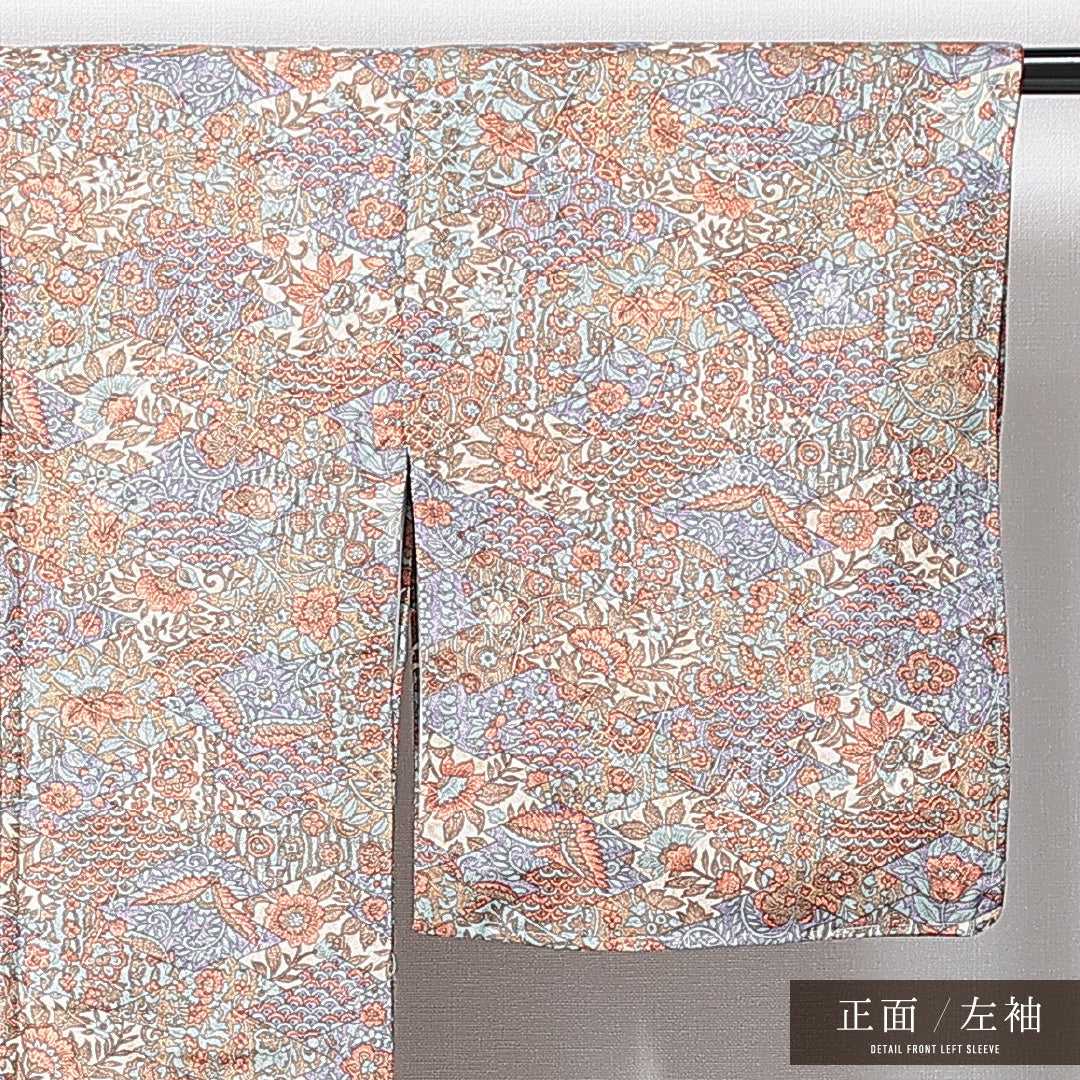 洗える着物 小紋 袷 身丈161cm 裄丈63cm ポリエステル Sランク インフォーマル 広衿 Lサイズ 更紗柄 多色系 RP 1221-14908