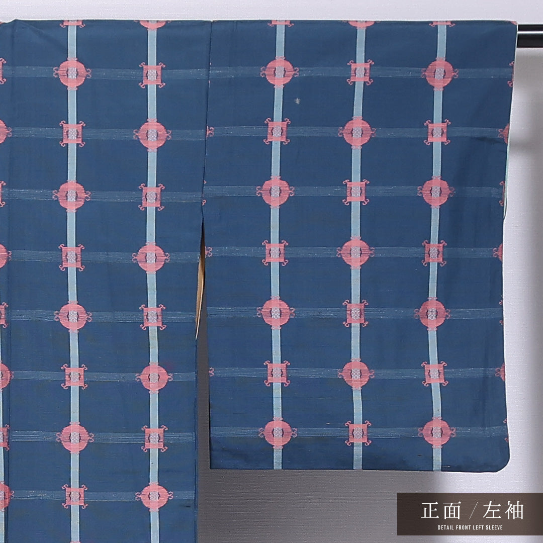 紬 袷 身丈159cm 裄丈63cm 正絹 Aランク カジュアル バチ衿 Mサイズ 格子 青系 HP 1223-11730