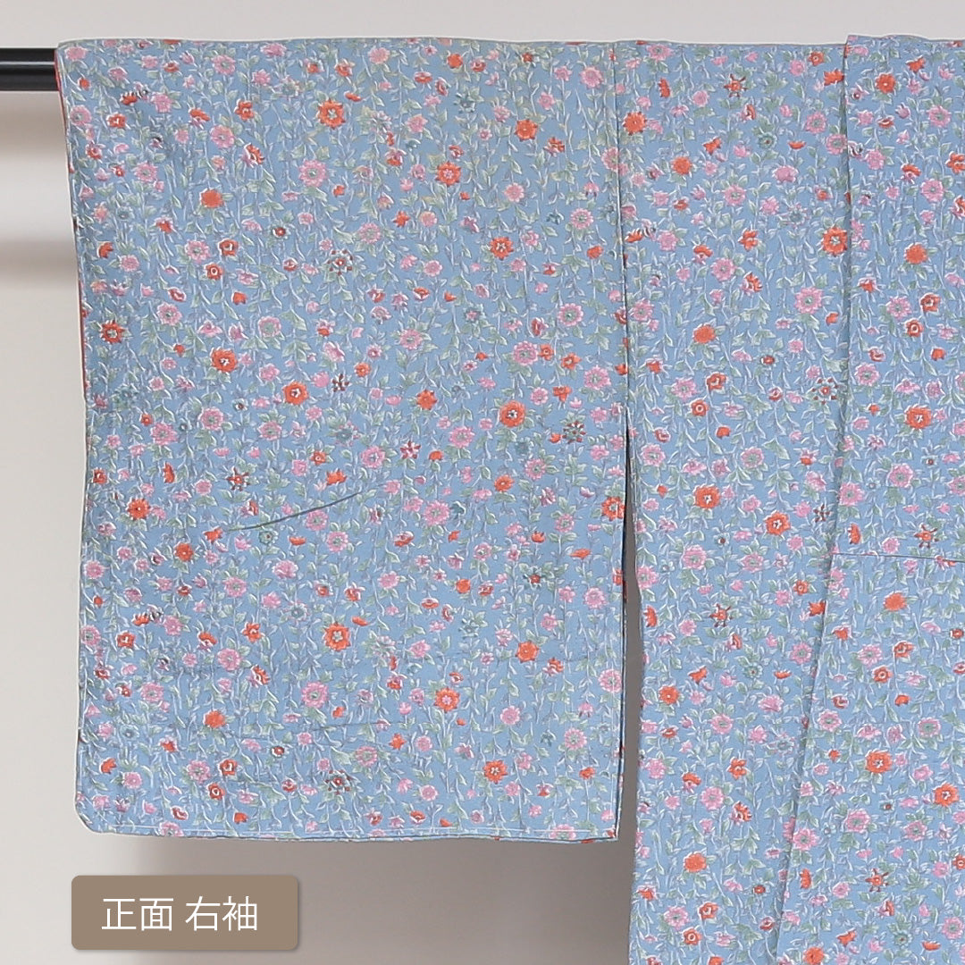 小紋 袷 身丈161cm 裄丈65cm 正絹 Sランク インフォーマル 広衿 Lサイズ 花柄 水色系 RP 1221-01738