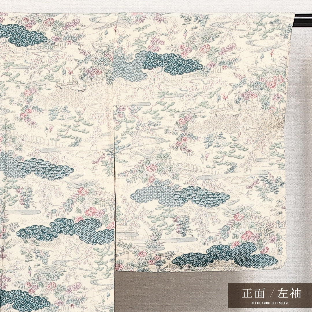 小紋 単衣 身丈152cm 裄丈60cm 正絹 Bランク インフォーマル 広衿 Sサイズ 御所解 クリーム系 RP 1221-14024