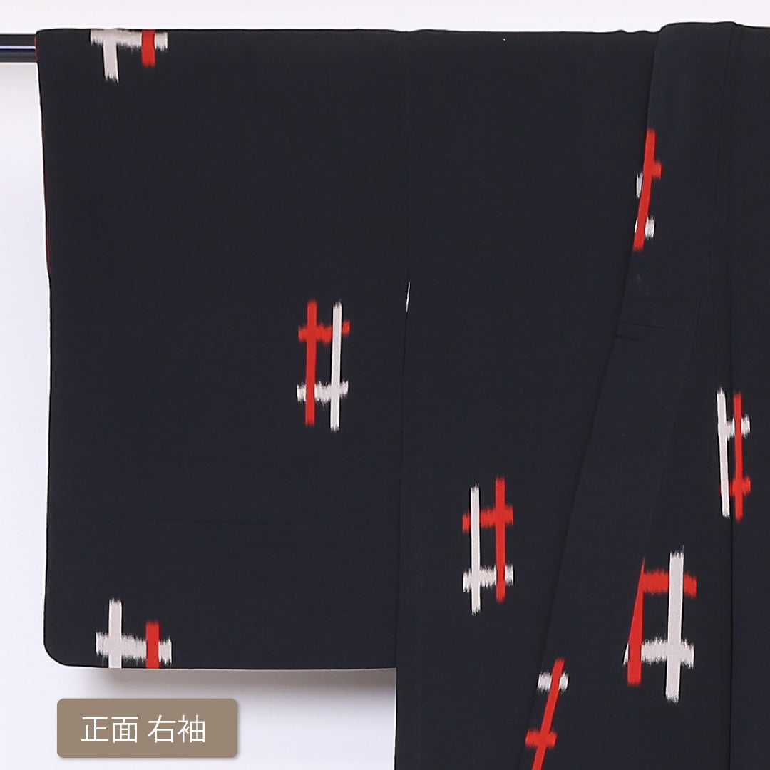 お召 袷 身丈149cm 裄丈63cm 正絹 Bランク XSサイズ バチ衿 インフォーマル 井絣 黒系 1265-01930